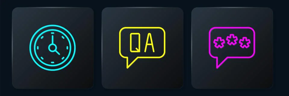 Set line Clock, Speech bubble chat and Question and Answer. Black square button Stock Illustration