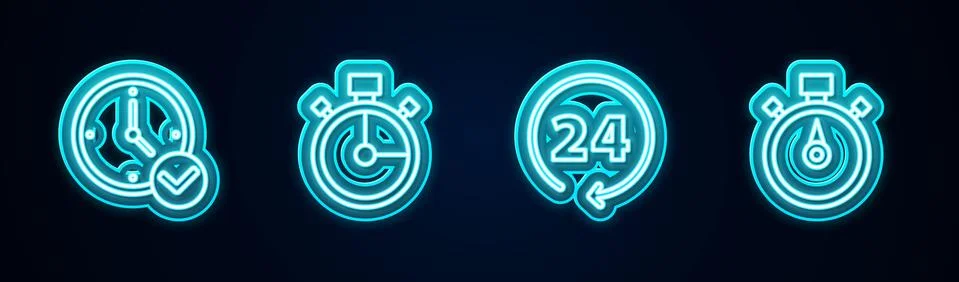 Set line Clock, Stopwatch, 24 hours and . Glowing neon icon. Vector Illustrazione stock