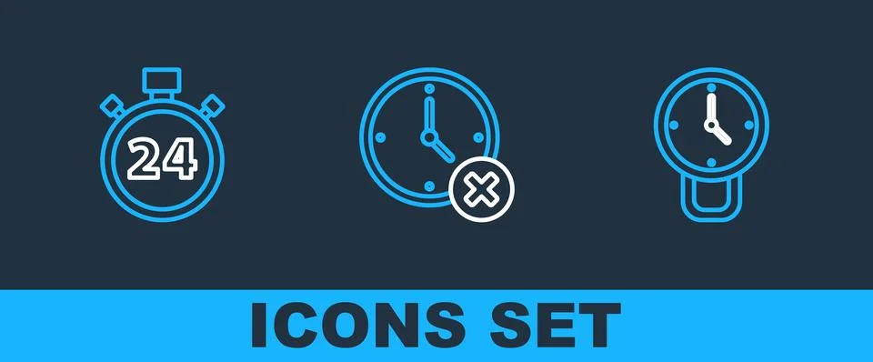 Set line Clock, Stopwatch 24 hours and delete icon. Vector Stock Illustration