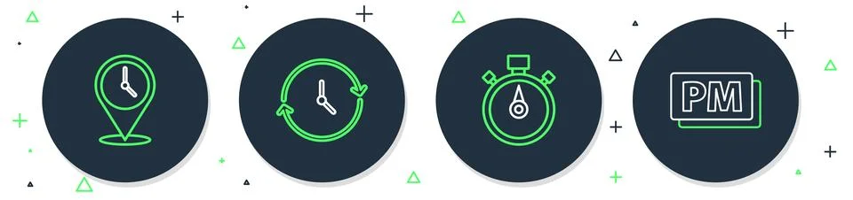 Set line Clock, Stopwatch, Location with clock and PM icon. Vector Illustrazione stock