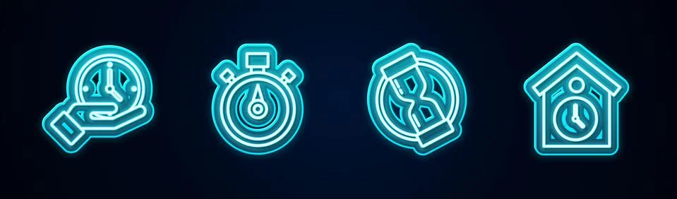 Set line Clock, Stopwatch, Old hourglass and Retro wall. Glowing neon icon Stock Illustration