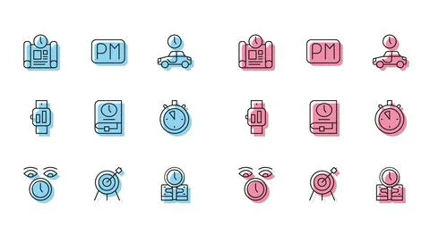 Set line Clock, Target sport, Project time plan, Time is money, for book Ilustración de archivo