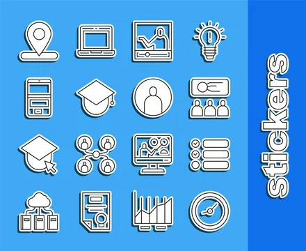 Set line Clock, Task list, Training, presentation, Online education, Graduation Stock Illustration