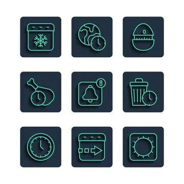 Set line Clock, Time flies on the clock, Sun, Kitchen timer, Alarm app mobile Illustrazione stock