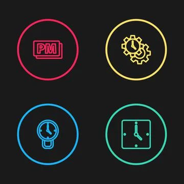 Set line Clock, , Time Management and PM icon. Vector Stock Illustration