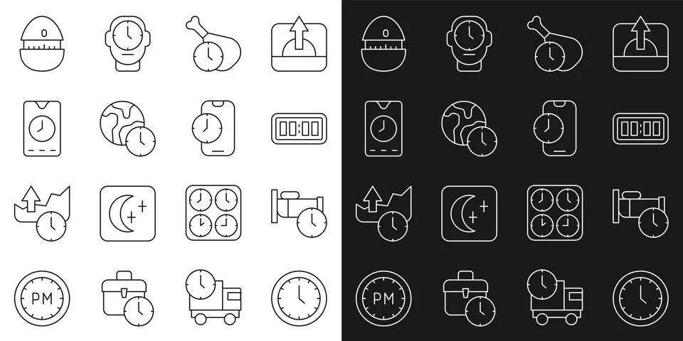 Set line Clock, Time to sleep, Digital alarm clock, Food time, World, Alarm app Illustrazione stock