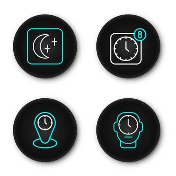 Set line Clock, Time zone clocks, Alarm app mobile and Moon and stars icon... Illustrazione stock