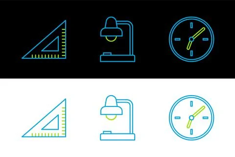 Set line Clock, Triangular ruler and Table lamp icon. Vector Stock Illustration