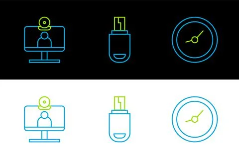 Set line Clock, Video chat conference and USB flash drive icon. Vector Stock Illustration