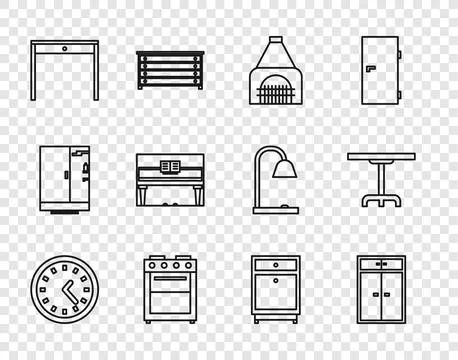 Set line Clock, Wardrobe, Interior fireplace, Oven, Wooden table, Grand piano Stock Illustration