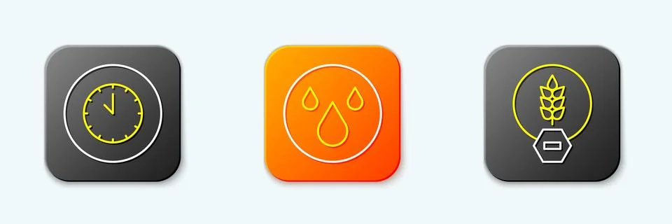 Set line Clock, Water drop and Gluten free grain icon. Vector 库存插图
