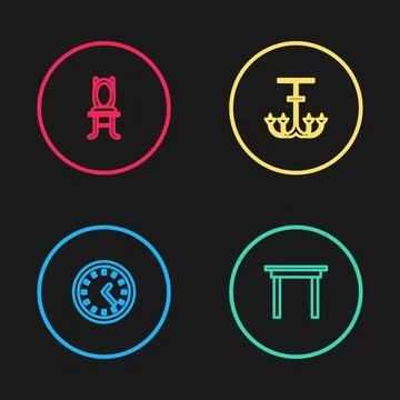 Set line Clock, Wooden table, Chandelier and Chair icon. Vector Stock Illustration