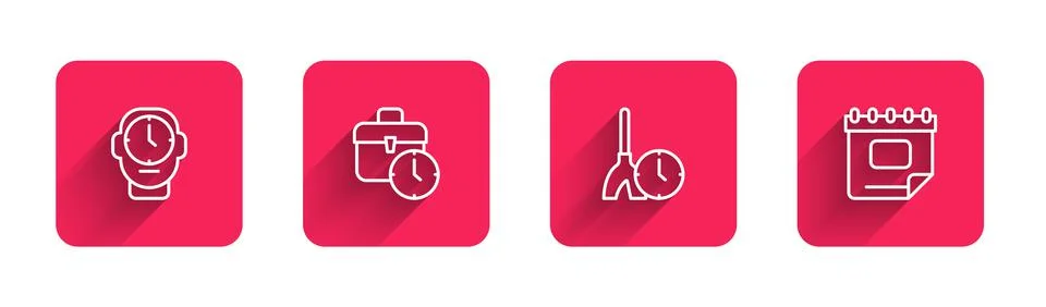 Set line Clock, Work time, Cleaning and Calendar with long shadow. Red square Stock Illustration