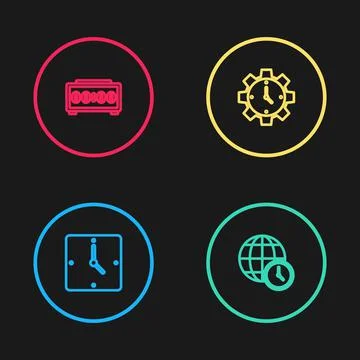 Set line Clock, World time, Time Management and Digital alarm clock icon. Vector Illustrazione stock