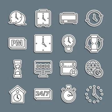 Set line Clock, World time, Old hourglass, Digital alarm clock, PM, speech .. Stock Illustration