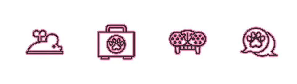 Set line Clockwork mouse, Cat tooth, Pet first aid kit and Paw print icon 스톡 일러스트