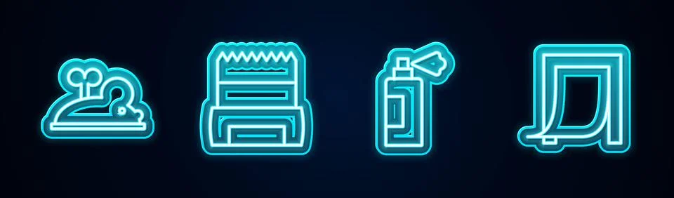 Set line Clockwork mouse, Dog shit in bag, Pet shampoo and Door for pet. Glowing Stock Illustration