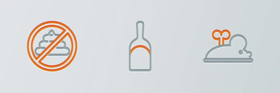 Set line Clockwork mouse, No shit and Dustpan icon. Vector Stock Illustration