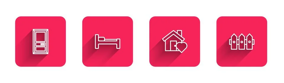 Set line Closed door, Bed, House with heart shape and Garden fence wooden w.. Stock Illustration