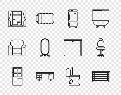 Set line Closed door, Chest of drawers, Refrigerator, Office desk, Window with Stock Illustration