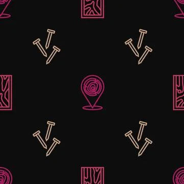 Set line Closed door, Metallic nails and Wooden logs on seamless pattern. V.. Stock Illustration