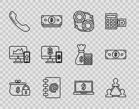 Set line Closed wallet with lock, Address book, Telephone handset, Computer イラスト素材