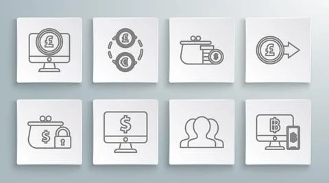 Set line Closed wallet with lock, Money exchange, Computer monitor dollar symbol Illustrazione stock