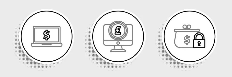 Set line Closed wallet with lock, Laptop dollar symbol and Computer monitor p Illustrazione stock