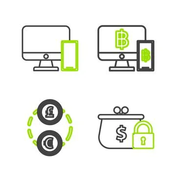 Set line Closed wallet with lock, Money exchange, Computer monitor mobile p.. Illustrazione stock