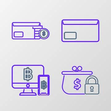 Set line Closed wallet with lock, Computer monitor mobile phone and bitcoin.. Illustrazione stock