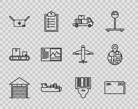Set line Closed warehouse, Envelope, Delivery truck with cardboard boxes, C.. Stock Illustration