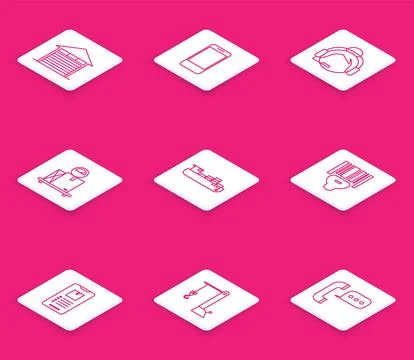 Set line Closed warehouse, Mobile phone with app delivery tracking, Support.. Stock Illustration