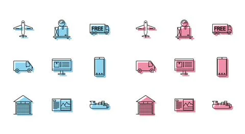 Set line Closed warehouse, Postcard, Plane, Cargo ship with boxes delivery Illustrazione stock