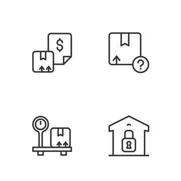 Set line Closed warehouse, Scale with cardboard box, Waybill and Carton icon Illustrazione stock