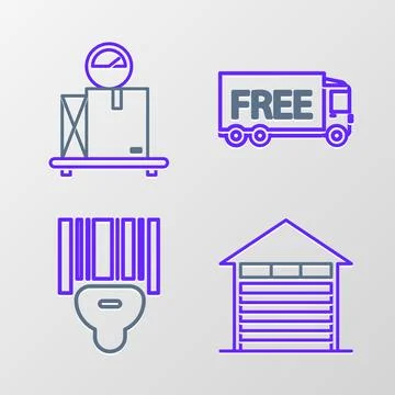Set line Closed warehouse, Scanner scanning bar code, Free delivery service.. 库存插图