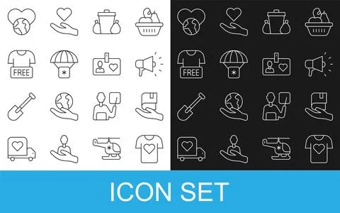 Set line Clothes donation, Book, Megaphone, Trash can, Humanitarian aid, The Stock Illustration