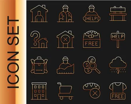 Set line Clothes donation, Cloud with rain, Ask for help text, Help homeless, No Stock Illustration