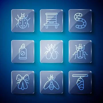 Set line Clothes moth, Bee, Butterfly cocoon, Worm, Insect, Spray against Stock Illustration