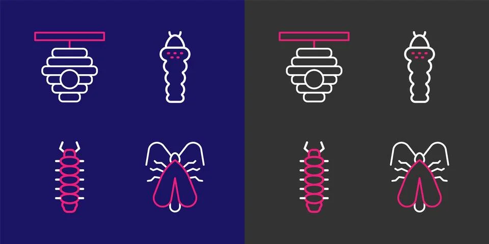 Set line Clothes moth, Centipede, Larva insect and Hive for bees icon. Vector Stock Illustration