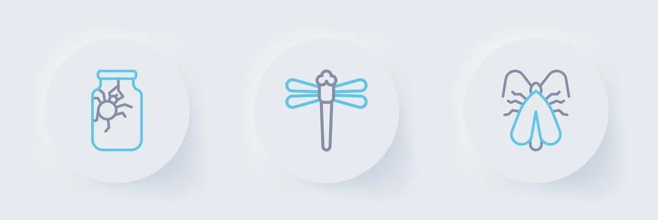 Set line Clothes moth, Dragonfly and Spider in jar icon. Vector Stock Illustration