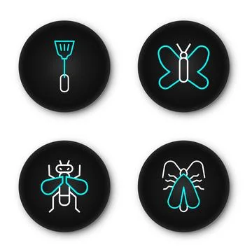 Set line Clothes moth, Insect fly, Butterfly and Fly swatter icon. Vector Illustrazione stock