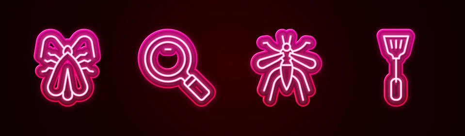 Set line Clothes moth, Magnifying glass, Mosquito and Fly swatter. Glowing neon Stock Illustration