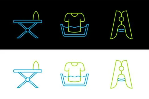 Set line Clothes pin, Iron and ironing board and Basin with shirt icon. Vecto Stock-Illustration