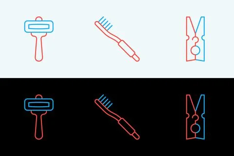 Set line Clothes pin, Shaving razor and Toothbrush icon. Vector Stock Illustration