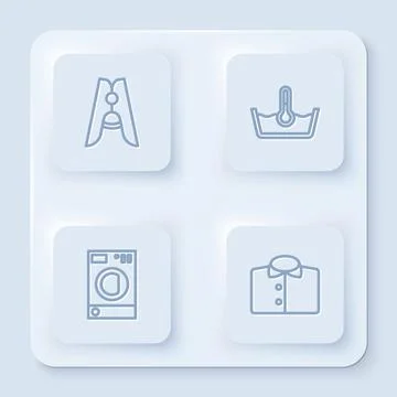 Set line Clothes pin, Temperature wash, Washer and T-shirt. White square button Stock Illustration