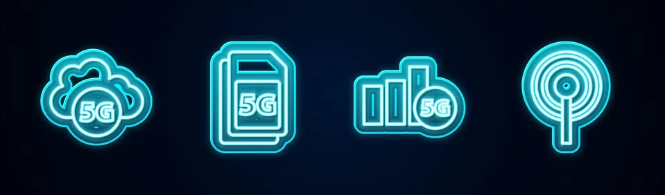 Set line Cloud 5G network, Sim Card, and Antenna. Glowing neon icon. Vector 库存插图