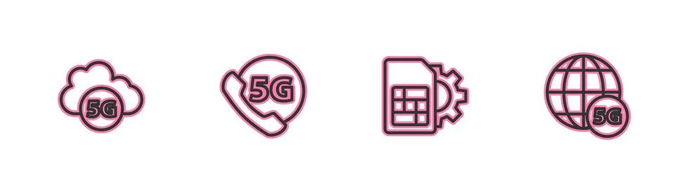 Set line Cloud 5G network, Sim card setting, Phone with and icon. Vector 스톡 일러스트