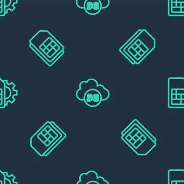 Set line Cloud 5G network, Sim card and setting on seamless pattern. Vector Illustrazione stock