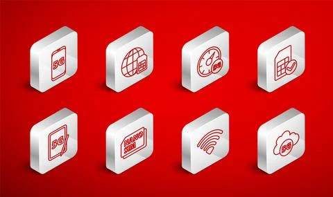 Set line Cloud 5G network, Globe Sim Card, Digital speed meter, card, Wi-Fi Stock Illustration