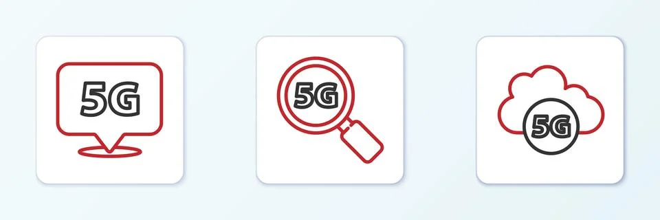 Set line Cloud 5G network, Location and Search icon. Vector Stockillustratie